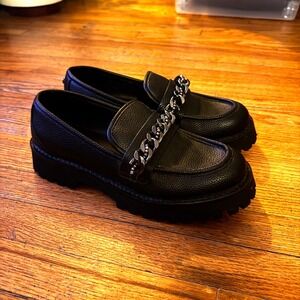 Karl Lagerfeld Black Leather Chain Detail Chunky Lug Sole Loafers Women Size 10